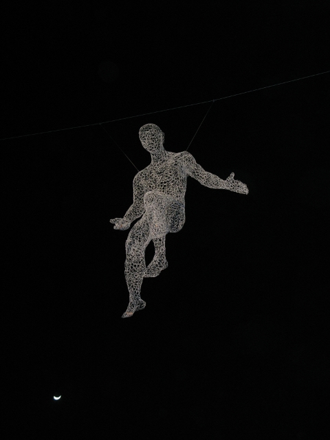 One of the illuminated wire sculptures near the entrance to the tower. 